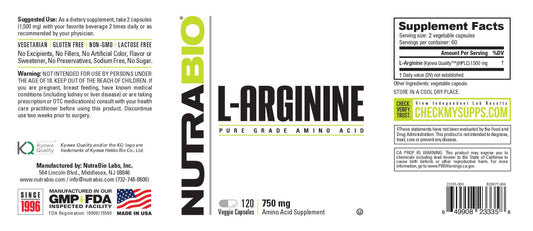 Nutrabio – L-Arginine (750mg) 120 Vegetable Capsules