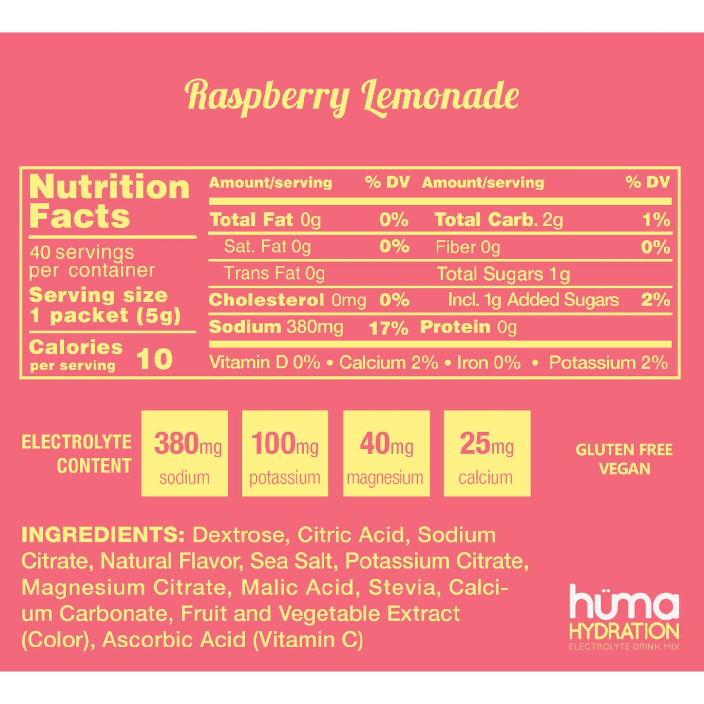 HUMA - Hydration Electrolyte Drink Mix RASPBERRY LEMONADE 5g