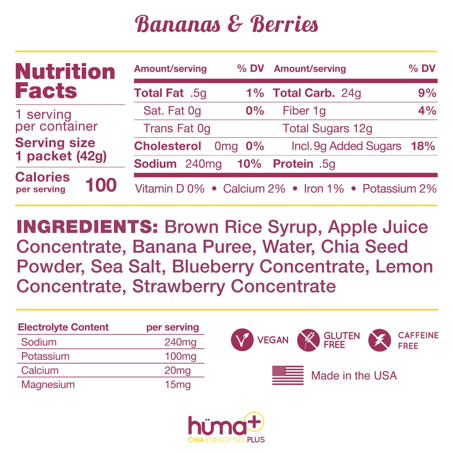 HUMA + CHIA ENERGY GEL PLUS – BANANAS & BERRIES 42g
