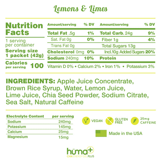 HUMA + CHIA ENERGY GEL PLUS – Lemons and Limes Caffeine 42g