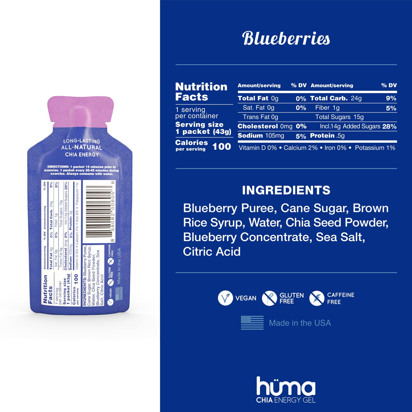Huma – Chia Energy Gel Blueberries Caffeine Free 43g