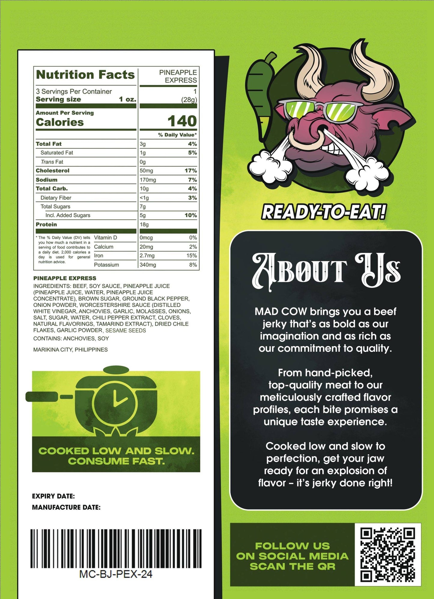 MAD COW - BEEF JERKY PINEAPPLE EXPRESS 80g (Best By: 11/18/25)