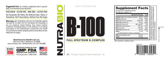 Nutrabio – B-100 Complex 90 Vegetable Capsules (4/1/25 Exp)