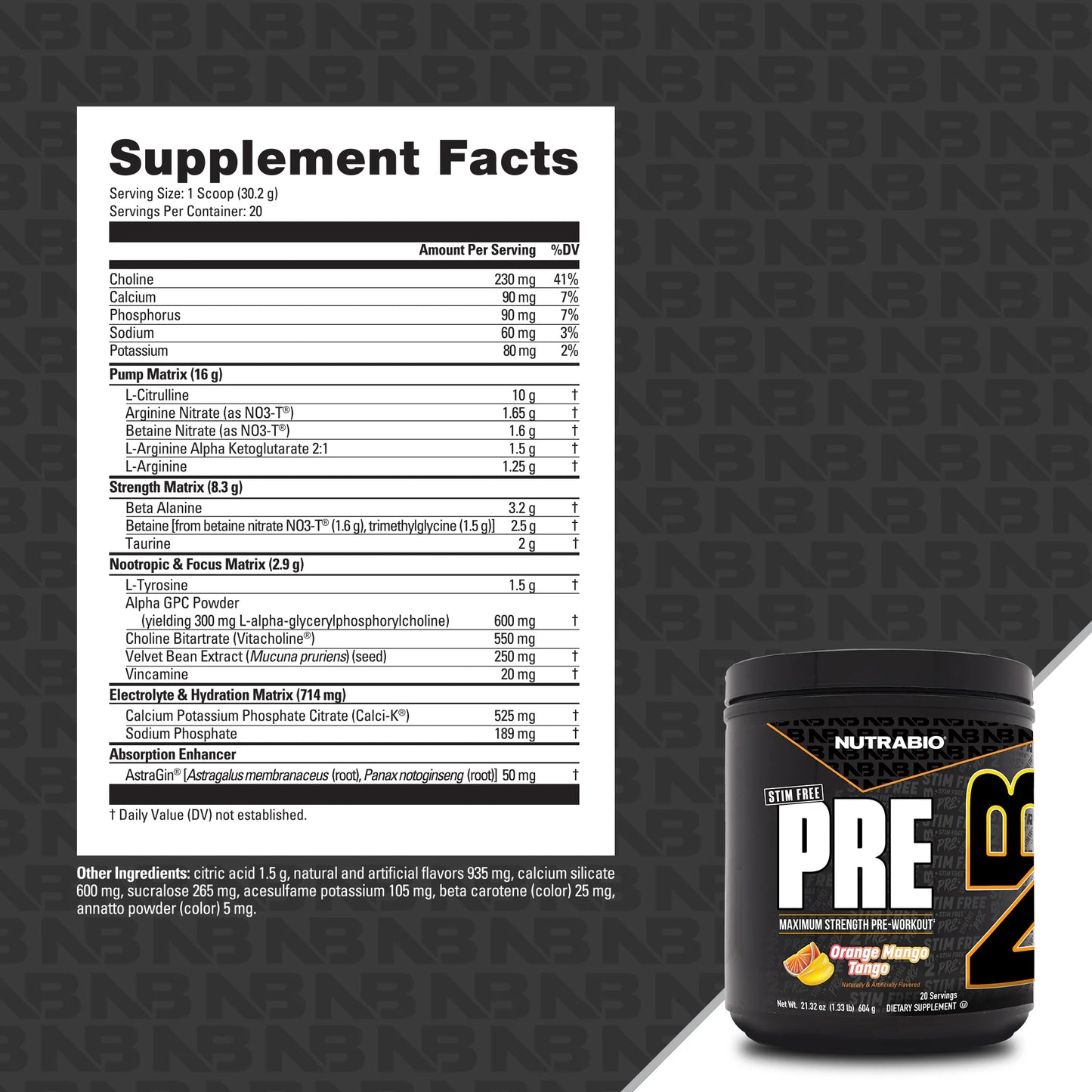 Nutrabio - Pre Stim Free - ORANGE MANGO TANGO 20 servings