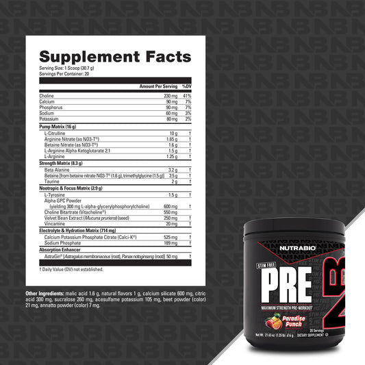 Nutrabio - Pre Stim Free - PARADISE PUNCH 20 servings