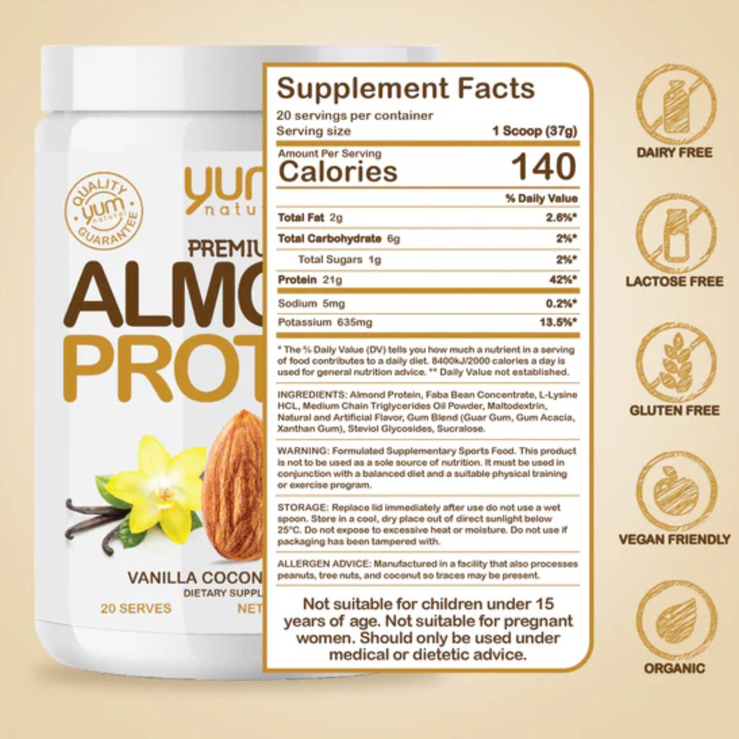 Yum Natural - Premium Almond Protein VANILLA COCONUT 740g
