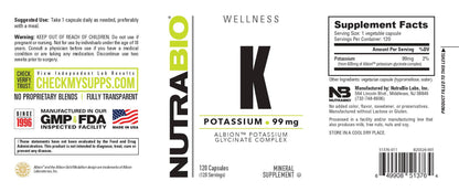 Nutrabio – Potassium Amino Acid Complex 99mg 120 Vegetable Capsules (6/1/25 Exp)