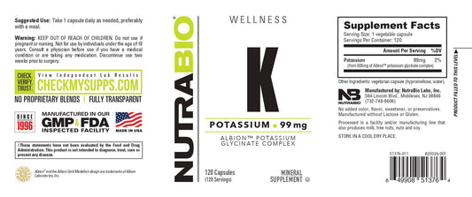 Nutrabio – Potassium Amino Acid Complex 99mg 120 Vegetable Capsules (6/1/25 Exp)