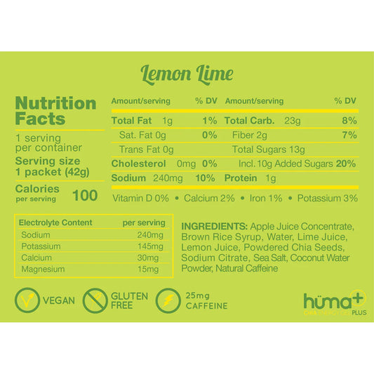 HUMA + CHIA ENERGY GEL PLUS – Lemons and Limes Caffeine 1x Caffeine 42g