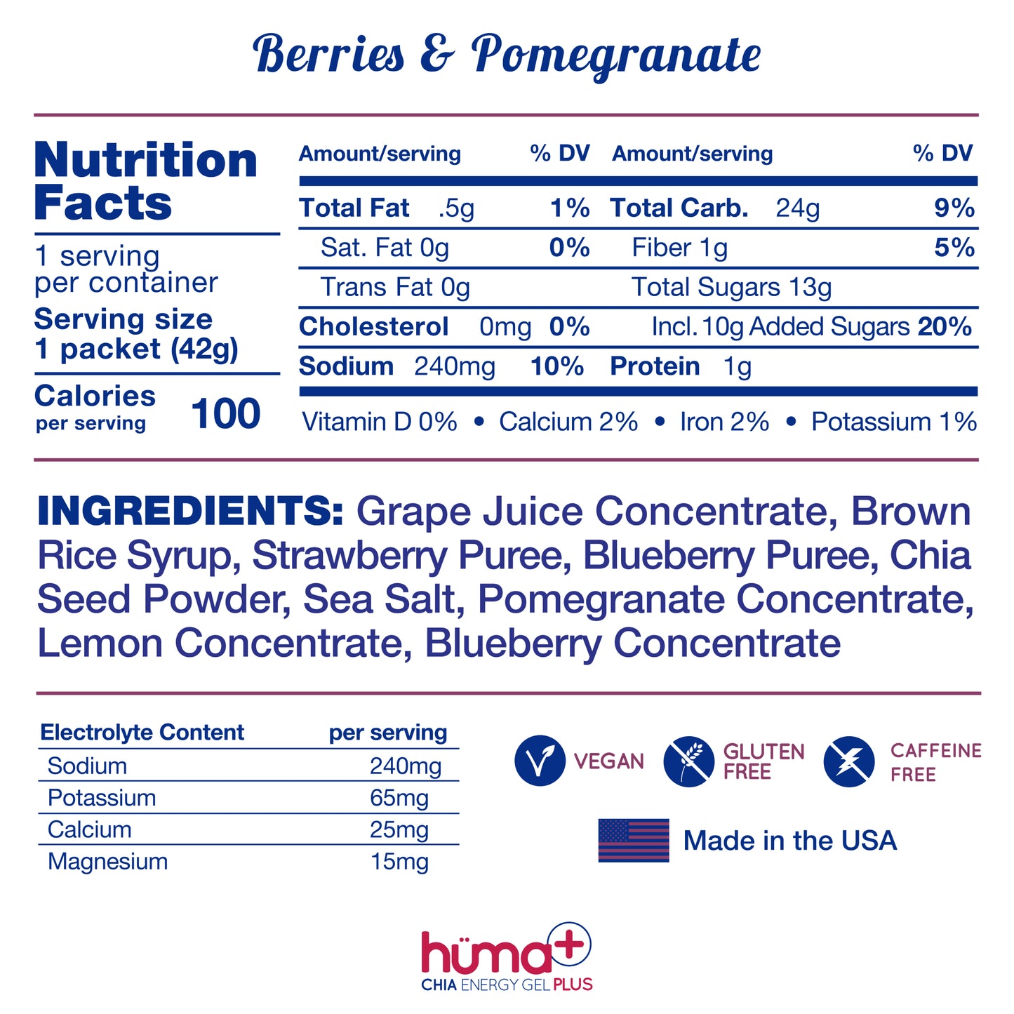 Huma + Chia Energy Gel Plus Natural Electrolytes Berries & Pomegranate 41g