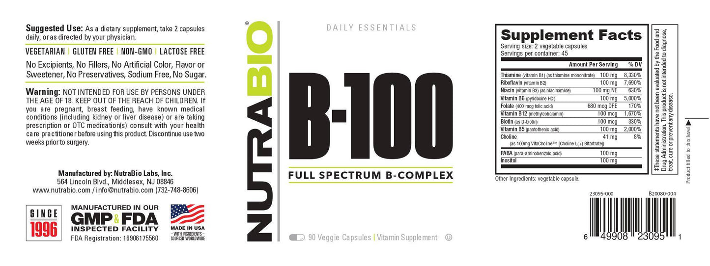Nutrabio – B-100 Complex 90 Vegetable Capsules (4/1/25 Exp)