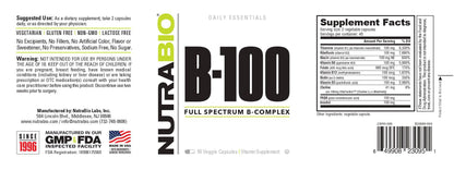 Nutrabio – B-100 Complex 90 Vegetable Capsules (4/1/25 Exp)