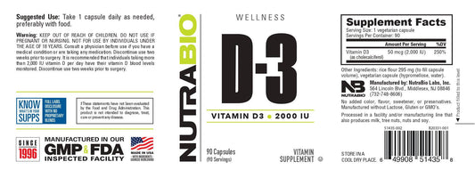 Nutrabio - Vitamin D3 2000IU 90 Vegetable Capsules