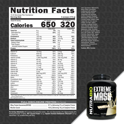 Nutrabio – Extreme Mass Gainer VANILLA 6LBS (10/1/25 Exp)