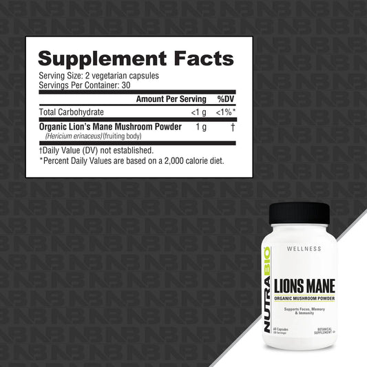 Nutrabio - Organic Lions Mane (500 mg) 60 Capsules