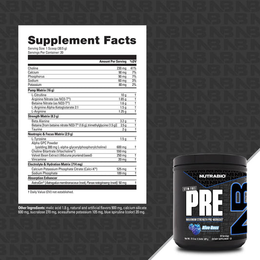 Nutrabio – Pre Stim Free – BLUE RAZZ 20 servings