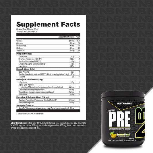 Nutrabio – Pre Stim Free – LEMON BURST 20 servings