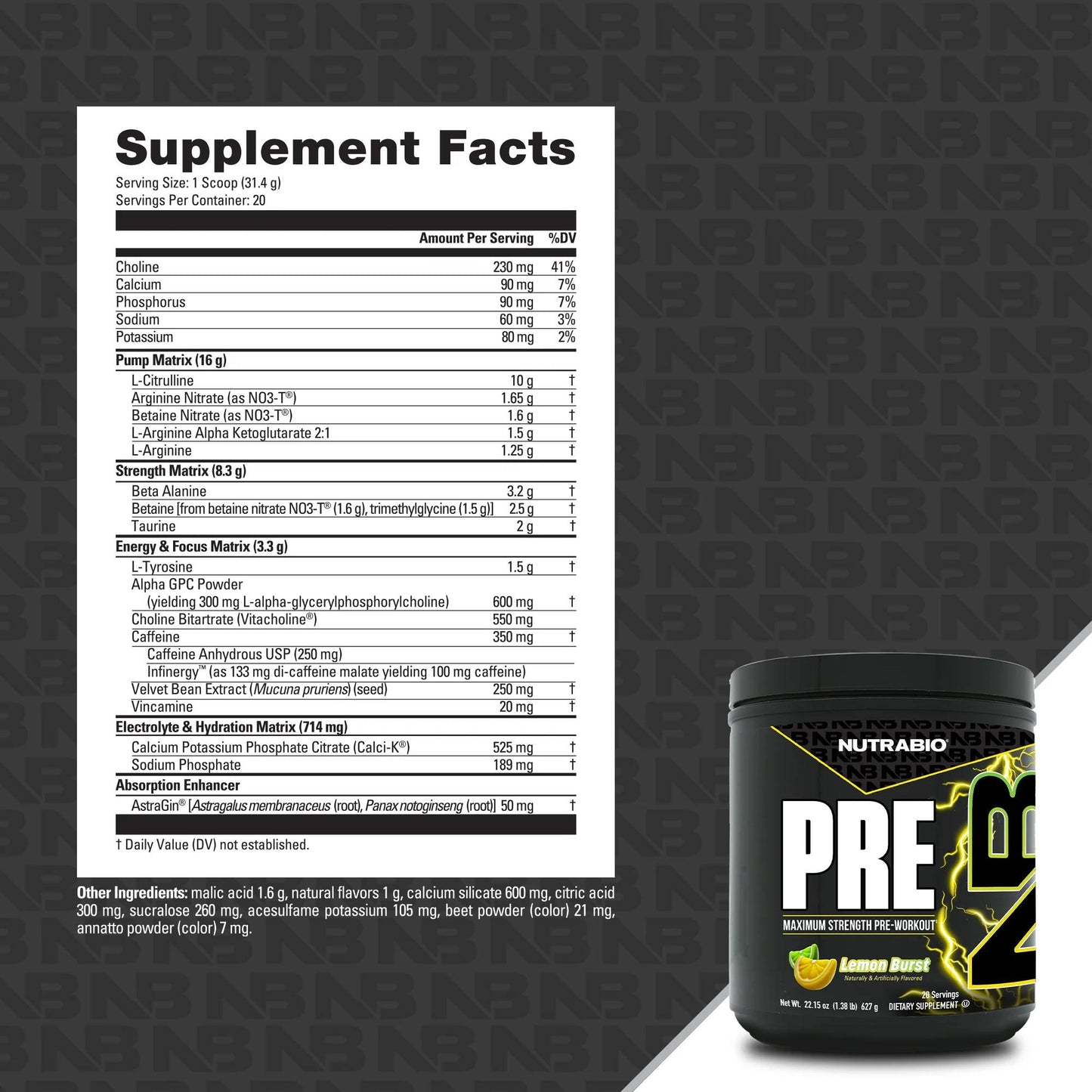 Nutrabio – PRE-Workout LEMON BURST 20 Servings