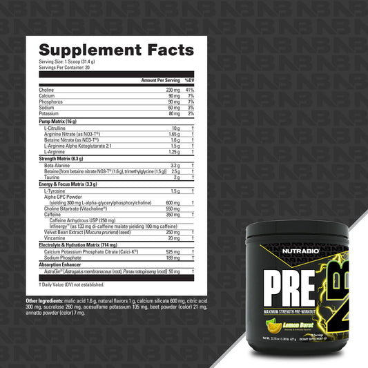 Nutrabio – PRE-Workout LEMON BURST 20 Servings