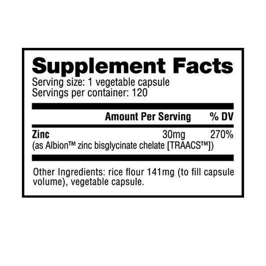 Nutrabio – Chelated Zinc 30mg 120 Vegetable Capsules (10/1/25 Exp)