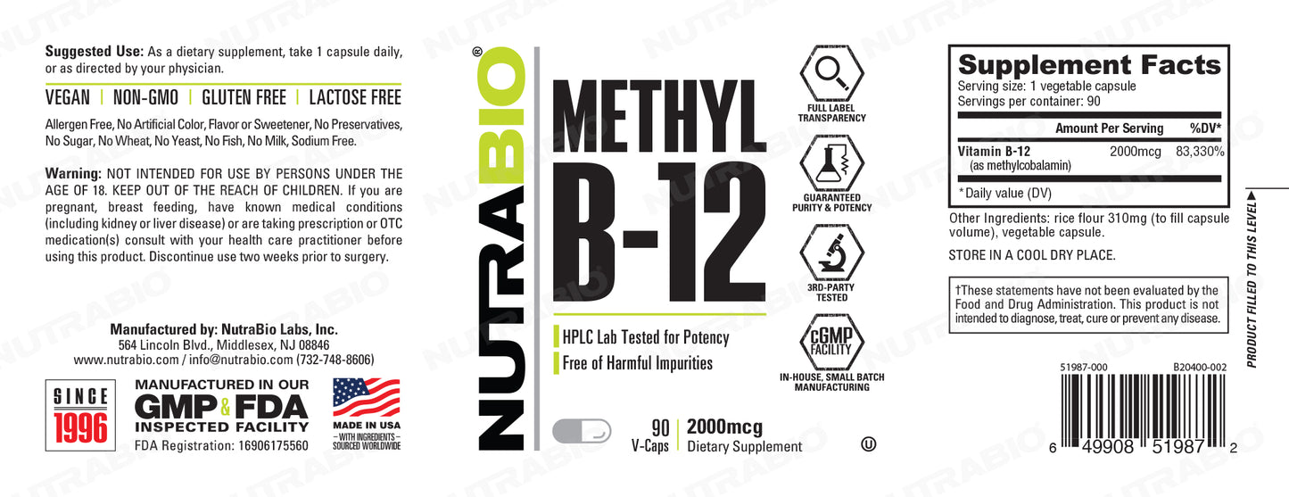 Nutrabio - Methyl B-12 (2000mcg) 90 Vegetable Capsules