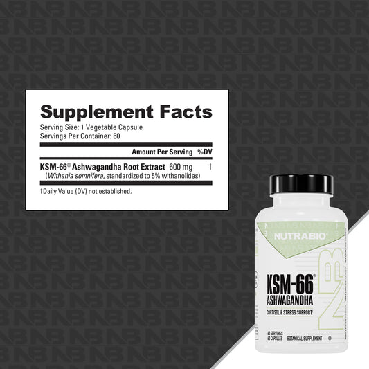 Nutrabio – Ashwagandha KSM-66 (600mg) 60 Vegetable Capsules